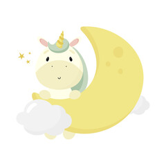 Magic Unicorn on the moon. Cartoon style. Vector illustration. For kids stuff, card, posters, banners, children books, printing on the pack, printing on clothes, fabric, wallpaper, textile or dishes.