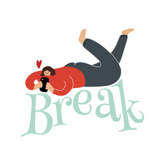 Hand drawn doodle girl lying on stomach on word Break, chatting on internet via smartphone. Isolated vector illustration