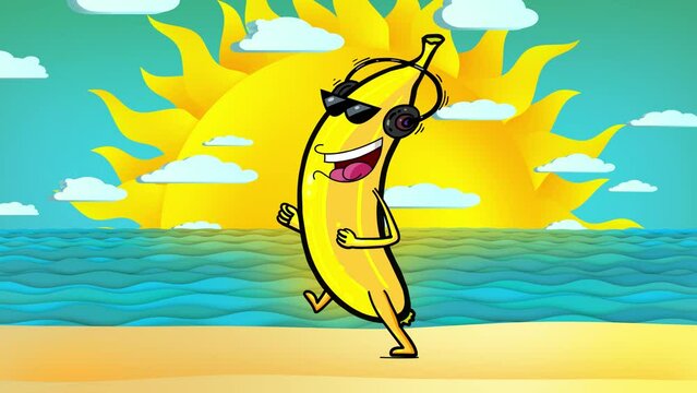 Cartoon character yellow banana with headphones walking and singing at the seaside. Funny short animation. Seamless loop. Holidays, party, celebrating.
