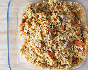 Eastern pilaf in a glass bowl