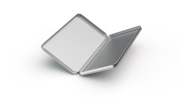 3d rendering of a rectangular silver pencil box or case on a white background