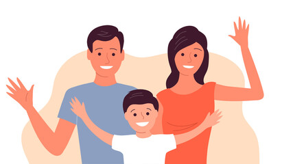 Happy family couple with a child. Father, mother and little son. Welcome gesture. Flat vector illustration isolated on white background