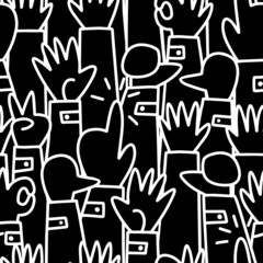 hand non verbal sign language linear cartoon style drawn human hands colorful black and white vector seamless pattern - 494941190