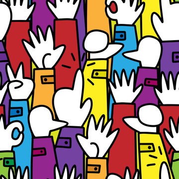 hand non verbal sign language cartoon style drawn human hands colorful vector seamless pattern