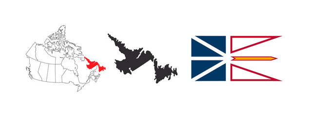 Map of Newfoundland and Labrador. Flag of Newfoundland and Labrador. Provinces and territories of Canada. Vector illustration
