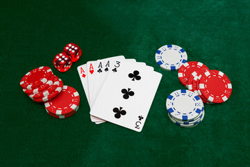 Poker cards royal flush. Gambling, casino chips, dices. Casino tokens, gaming chips, checks, or cheques