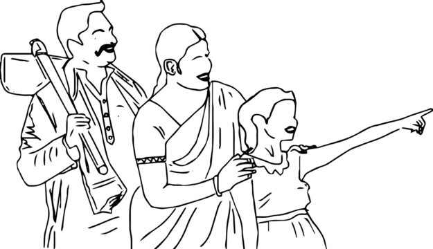 outline sketch drawing vector of indian farmer village family, line art illustration silhouette of farmer father, daughter and wife
