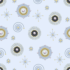 Seamless pattern with planet, stars, comets in sequins and embroidery.