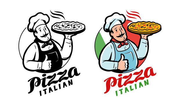 Emblem funny chef with pizza on background Italian flag. Pizzeria logo vector illustration