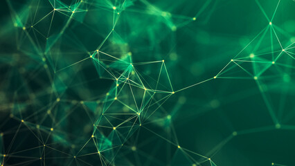 Abstract green background with moving lines and dots. The concept of big data, technology and science. Connection to the World Wide Web. 3d rendering. - obrazy, fototapety, plakaty