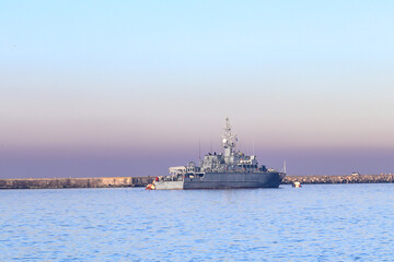 Basic minesweeper. Russian Navy. Morning foggy on the sea