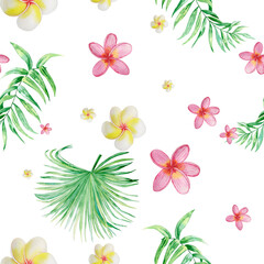 Tropical leaves and frangipani flowers seamless pattern. Hand drawn watercolor exotic foliage on white background. For printing on fabric and wrapping paper. Fashion print. Botanical wallpaper