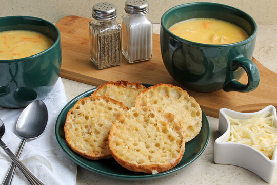 Creamy Chicken Noodle Soup With Toasted English Muffins