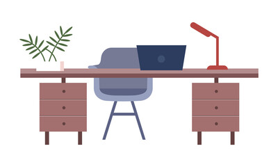 Home office furniture semi flat color vector object. Full sized item on white. Office desk with armchair and laptop simple cartoon style illustration for web graphic design and animation