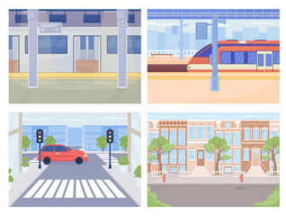 Public transportation in city lat color vector illustration set. Rail trip. Metro station. Transport for passengers 2D simple cartoon cityscape with buildings on background collection