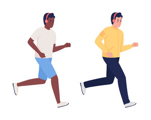 Fototapeta na wymiar Male marathon runners wearing headphones semi flat color vector characters set. Full body people on white. Simple cartoon style illustration collection for web graphic design and animation