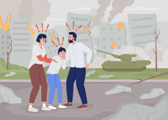 Terrified family in destroyed city flat color vector illustration. Stop war. Outbreak of hostilities. Crying people 2D simple cartoon characters with devastated hometown on background