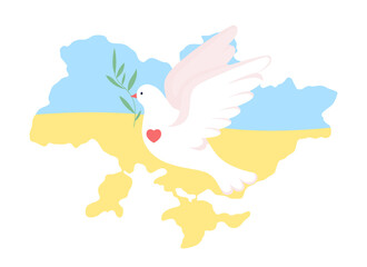 Obraz premium Ukraine and peace dove 2D vector isolated illustration. Freedom for ukrainians flat character on cartoon background. Stand with Ukraine colourful scene for mobile, website, presentation