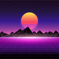 Retro landscape skyline with neon light grid, sunset and mountains. Sci-fi, futuristic illustration. Retrowave, synthwave or vaporwave 80's - obrazy, fototapety, plakaty