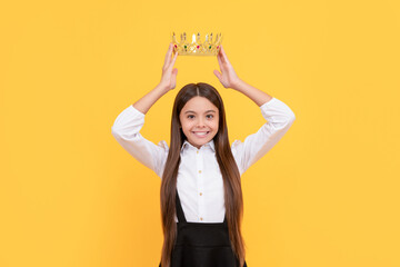 happy selfish teen girl in school uniform wear princess crown, selfishness