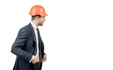 Professional man wear hardhat with formal suit isolated on white copy space, engineer