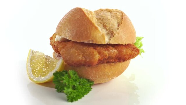 Fried Fish in a Bun turn around animation - Fast Food on a turntable isolated on white background
