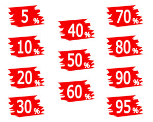 sales tags. discounts of 5, 10, 20, 30, 40, 50, 60, 70, 80, 90 and 95%. vector in red