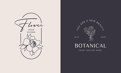 Set of Botanical Floral element Hand Drawn Logo with Wild Flower and Leaves. Logo for spa and beauty salon, boutique, organic shop, wedding, floral designer, interior, photography, cosmetic