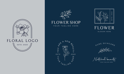 Set of Botanical Floral element Hand Drawn Logo with Wild Flower and Leaves. Logo for spa and beauty salon, boutique, organic shop, wedding, floral designer, interior, photography, cosmetic