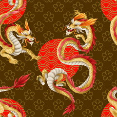 Seamless pattern with dragons. Oriental trendy print.