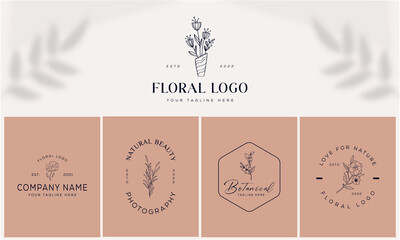Collection of Premade Hand Drawn Logo with Wild Flower and Leaves. Logo for spa and beauty salon, boutique, organic shop, wedding, floral designer, interior, photography, cosmetic. Floral element