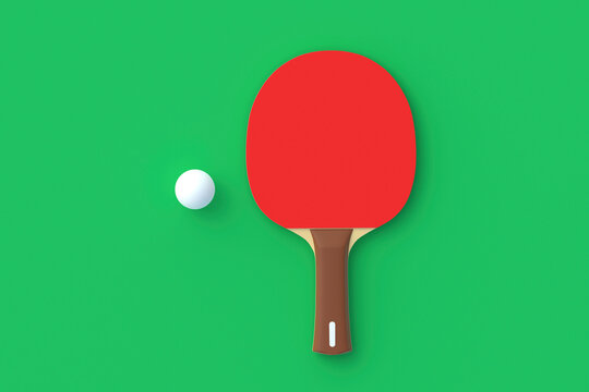 Ping pong paddle with ball on green background. Game for leisure. Sport  equipment. International competition. Table tennis. Top view. 3d render  Illustration Stock | Adobe Stock