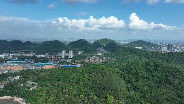suburb city and blue sky fluffy clouds surround by mountain or hill beautiful area concept Nature and City town patronize together, Clean Air at subure town