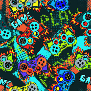 Abstract Seamless graffiti pattern with joystick. Gamer elements for boy t-shirt design. Repeat print with gamepad sign for boys textile and more
