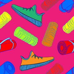 Yoga mat. Foot clothing. Foam roller. Sport and stretching. Gym. Equipment. Fitness routine. Active lifestyle. Digital illustration. Endless repeatable pattern. Seamless. High resolution. Vector EPS10