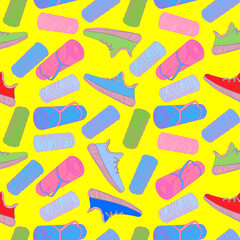 Yoga mat. Foot clothing. Foam roller. Sport and stretching. Gym. Equipment. Fitness routine. Active lifestyle. Digital illustration. Endless repeatable pattern. Seamless. High resolution. Vector EPS10