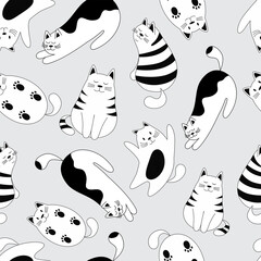 Cute vector pattern with funny cats in different poses.