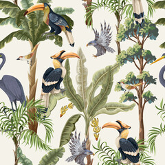 Seamless pattern with jungle trees and tropical birds. Vector. © Yumeee