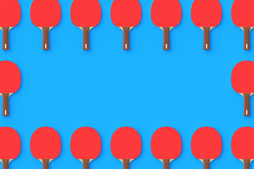 Frame made of ping pong paddles on blue background. Game for leisure. Sport equipment. International competition. Table tennis. Top view. Copy space. 3d render - obrazy, fototapety, plakaty