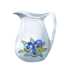 Jug with bright flowers. Watercolor illustration on a white background.