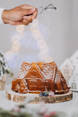 Vertical shot of a gingerbread bundt house cake on a wooden surface