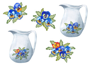 Jug with bright flowers. Watercolor illustration on a white background.