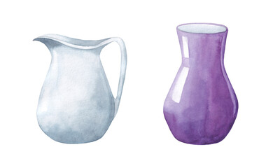 Jug and vase. Watercolor illustration isolated on white background.