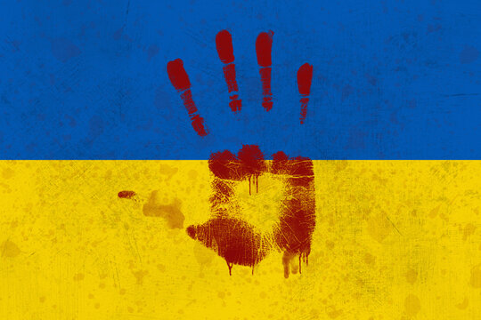 Bandera de Ucrania con huella de sangre