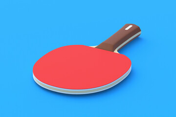 Ping pong paddle on blue background. Game for leisure. Sport equipment. International competition. 3d render