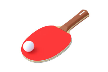 Ping pong paddle with ball isolated on white background. Game for leisure. Sport equipment. International competition. Table tennis. 3d render