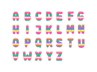 Pop it fidget toy style latin alphabet. Pink, yellow, violet, green colors. Vector clipart. - obrazy, fototapety, plakaty