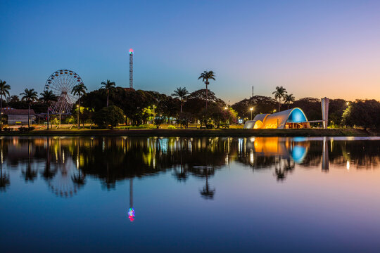Sunset at the Pampulha lagoon, in Belo Horizonte, overlooking the Church of Sao Francisco de Assis and Guanabara Park.