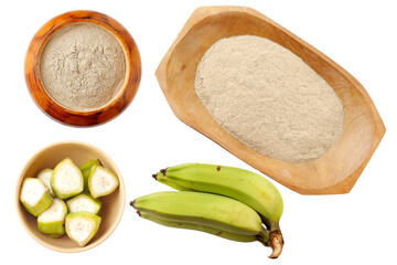Organic green banana flour, crushed, raw and dry isolated white background. gluten free flour