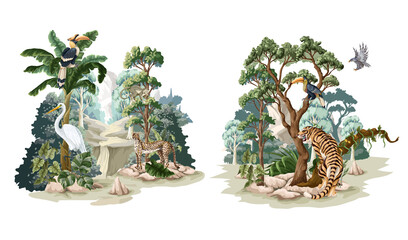 Jungle landscape with animals. Interior vector print.